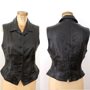 Vintage Anne Klein black leather unsleeved fitted vest veste  cuir noir